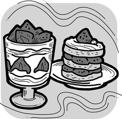 Sweet dessert cake with fruits for celebration birthday party or wedding, tasty breakfast. For cafe, restaurant menu print, postcard or poster. Hand drawn illustration. Cartoon style line art drawing.