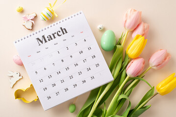 Festive April Gathering Admirer: Overhead snapshot featuring March calendar, lively eggs, whimsical cookie baking molds, blooming tulips on gentle pastel surface. Ideal space for your advertisement - obrazy, fototapety, plakaty