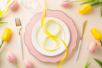 Woman's Day dining concept: Overhead shot of a lavish plate with an 8-shaped ribbon, utensils, a wineglass, delicate tulips on a gentle creamy beige background