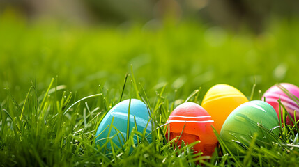 Colourful Easter eggs on green fresh grass on blurred nature background. Easter background with space for text