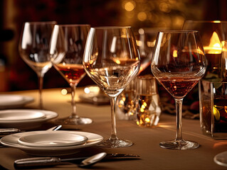 Elegant Wine Glasses in a Luxurious Dinner Setting - Generative AI
