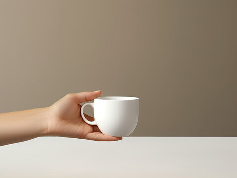 Woman's Hand Holding Minimalist White Coffee Cup - Generative AI