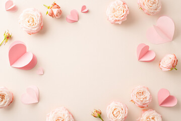 Fototapeta na wymiar Declare your love on Women's Day with this top view image of enchanting rose buds and endearing hearts. Set against a pastel beige background, leaving space for your touching words or advertisement