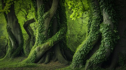Ivy-Clad Trees in Lush Woods. Ancient trees in a dense forest cloaked with climbing ivy.