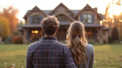 Rear view of young couple looking at their new house 