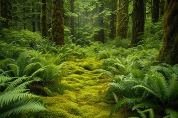 Mossy Forest Floor and Ferns. Verdant moss-covered forest ground surrounded by ferns.