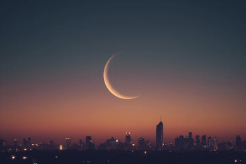 The crescent moon seen over the city during the Eid celebration, Ramadan concept. generative AI
