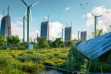 Obraz premium Renewable Energy Landscape with Wind Turbines and Solar Panels. Landscape with solar panels and wind turbines against blue sky.