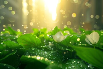 Radiant Dewdrops on Young Leaves. Morning dew clings to the vibrant green leaves in sunlight. - obrazy, fototapety, plakaty