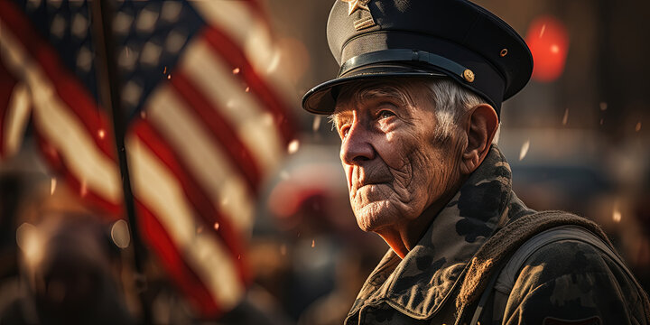 Patriotic Legacy: A Vivid Portrait of an Elderly Veteran Paying Homage With American Flag and Military Hat