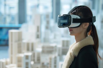 Urban Planner with VR Overlooking City Model. Woman using VR headset to view virtual city model.