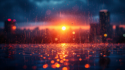 sunset in the city in raining