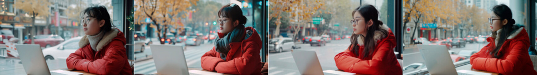 The image shows a Chinese teenager wearing a red autumn jacket and glasses The action takes place in a cafe The work is done in a realistic style The teenager is shown sitting at a table with a laptop