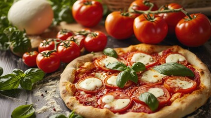 Fresh Margherita Pizza on Dark Wooden Table. A freshly baked Margherita pizza with vibrant basil leaves on a rustic dark wooden background.