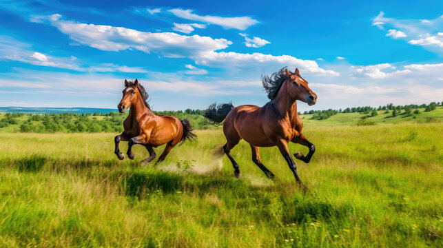 Two Horses Galloping in a Green Meadow - Generative AI