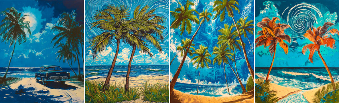 in the style of classic American cars, linocut, acrylic, painting with palm trees near the beach, hyper-realistic water, realistic blue sky,