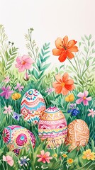 Fototapeta na wymiar Floral Easter Eggs in Watercolor Garden. Watercolor Easter eggs among a lush backdrop of painted spring flowers.