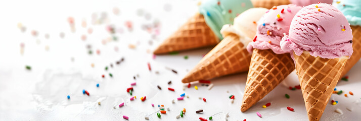 Assorted ice cream cones with sprinkles, colorful and bright.