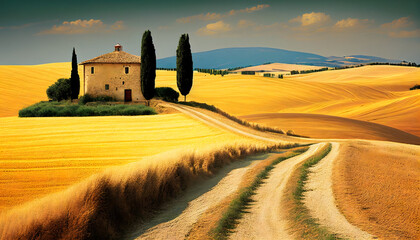 Idyllic summer rural landscape, Tuscany, Italy.. Generative AI.
