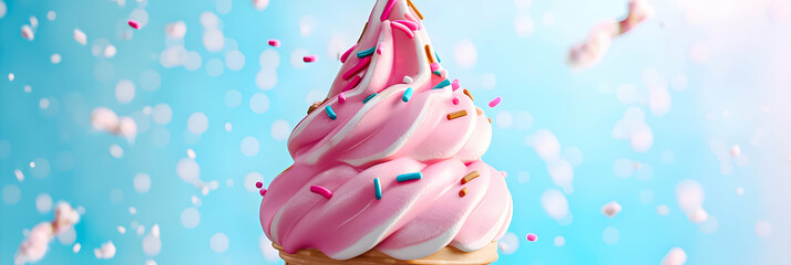 Soft serve ice cream cone with pastel colors on a gradient background.