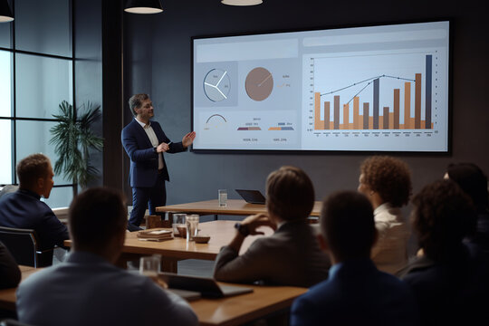 Mature businessman in suit giving a presentation with various statistical data, showcasing graphs and charts to his colleagues in a conference room.
