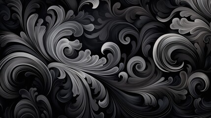 Elegant Black Inky Swirls. Swirling inky patterns on a black background evoke elegance. - obrazy, fototapety, plakaty