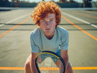 Portrait of a young red-haired child teen tennis player waiting for the serve of the opponent on the tennis court, warm background. Tennis lessons, workout.