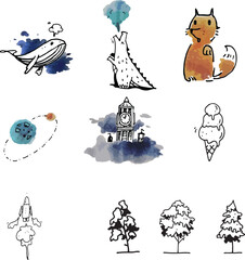 Whale in the water, Wolf, forest, trees, rocket, stars, clock tower in fog, fire-breathing monster, cute minimalist vector line hand drawn illustrations set. Pastel hand painted by watercolor. Tattoo.