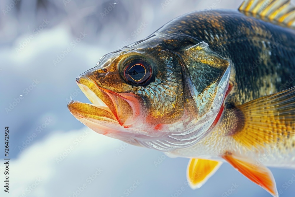 Poster A close-up image of a fish with its mouth open. This photo captures the intricate details of the fish's mouth and teeth.