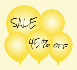 Sale and 45% off written in pen on yellow balloons.