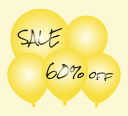 Sale and 60% off written in pen on yellow balloons.