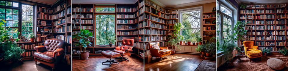 Create a cozy reading nook with a bookshelf in your home library. Make the most of your corner space by installing a bookshelf. Improve the ambience by placing a comfortable chair next to a bookshelf. - obrazy, fototapety, plakaty