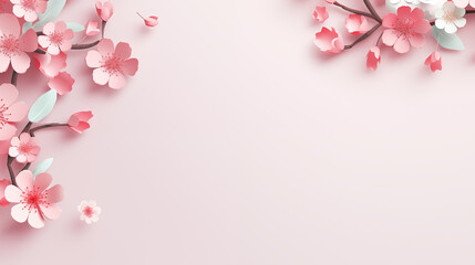 Fototapeta na wymiar Sakura flowers frame on pink background. Pink flowers with copy space