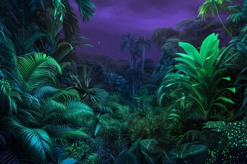 Luminous Jungle under Starlit Skies. Luminous greenery blankets a tropical jungle beneath a celestial night sky.