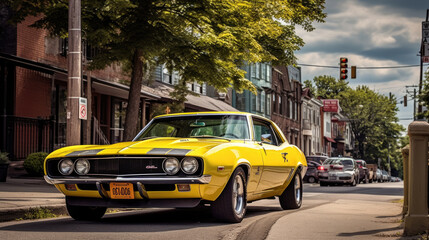 A Yellow Muscle Car Parked in Front of a Building on a Cobblestone Street - Generative AI