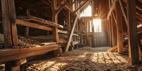 A barn filled with lots of hay next to a wooden fence. Perfect for agricultural and farm-related projects