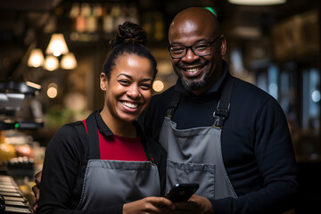 Portrait of smiling african american waitress using mobile phone in coffee shop