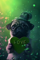 Cute pug with a green heart on green background. With a text Love. For Valentine's Day celebration. Romantic holiday and pet concept. Funny animal for wallpaper, poster, greeting card