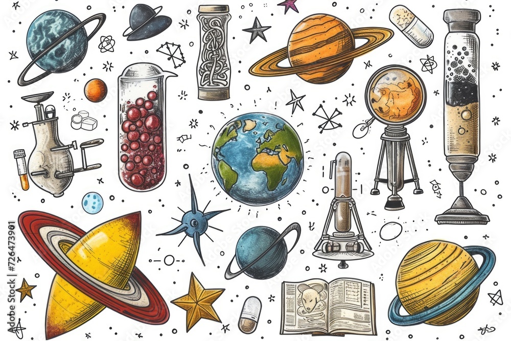 Aufkleber A drawing featuring various science-related items. This versatile image can be used to depict scientific research, education, laboratory work, or technology advancements