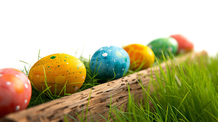 Fototapeta na wymiar Colourful Easter eggs on green fresh grass on white background. Easter background with space for text