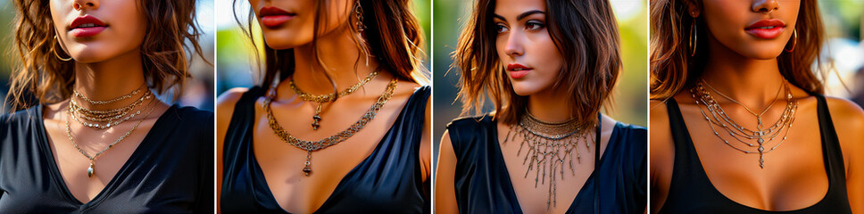 An image of a small gold necklace on a woman's neck. The woman has cool Israeli style. The close-up highlights the beauty and uniqueness of the necklace. - Powered by Adobe