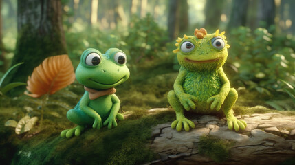 Two Frogs Resting on a Log in a Lush Forest - Generative AI