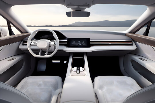 Modern car interior. Steering wheel and dashboard. 3d render