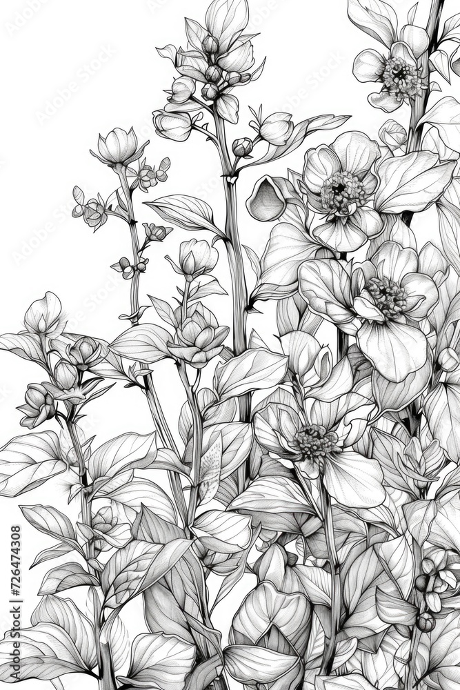 Poster a black and white drawing of a bunch of flowers. suitable for various design projects