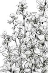 A black and white drawing of a bunch of flowers. Suitable for various design projects