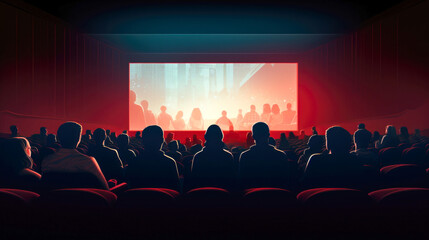 The captivating scene of a cinema hall, where people sit in red chairs, all eyes focused on the screen