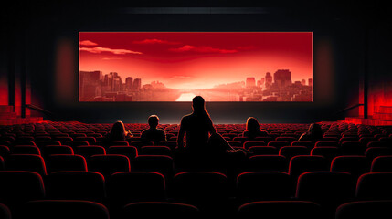 A cinema screen illuminating a hall filled with people seated in vibrant red chairs, creating a cinematic atmosphere