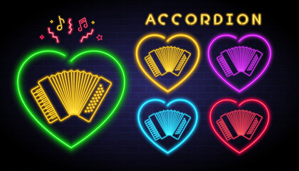 Accordion music instrument neon icon, flat vector design