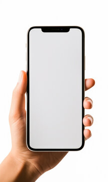 In a detailed shot, a woman's hand showcases a sleek, frameless smartphone mockup with an empty white screen