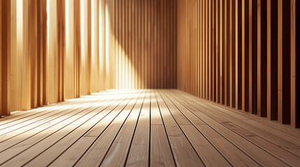 3d render of wooden interior with sunlight shining through the window.